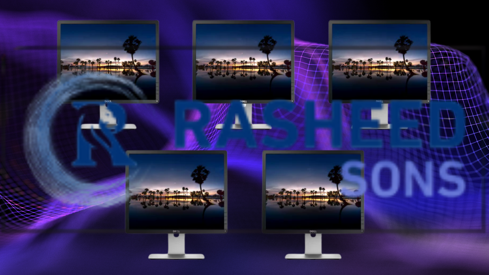 Dell monitors with a palm tree sunset on-screen, surrounded by a purple digital wave design. The image is a visual guide for Dell monitor wholesalers Cape Town.