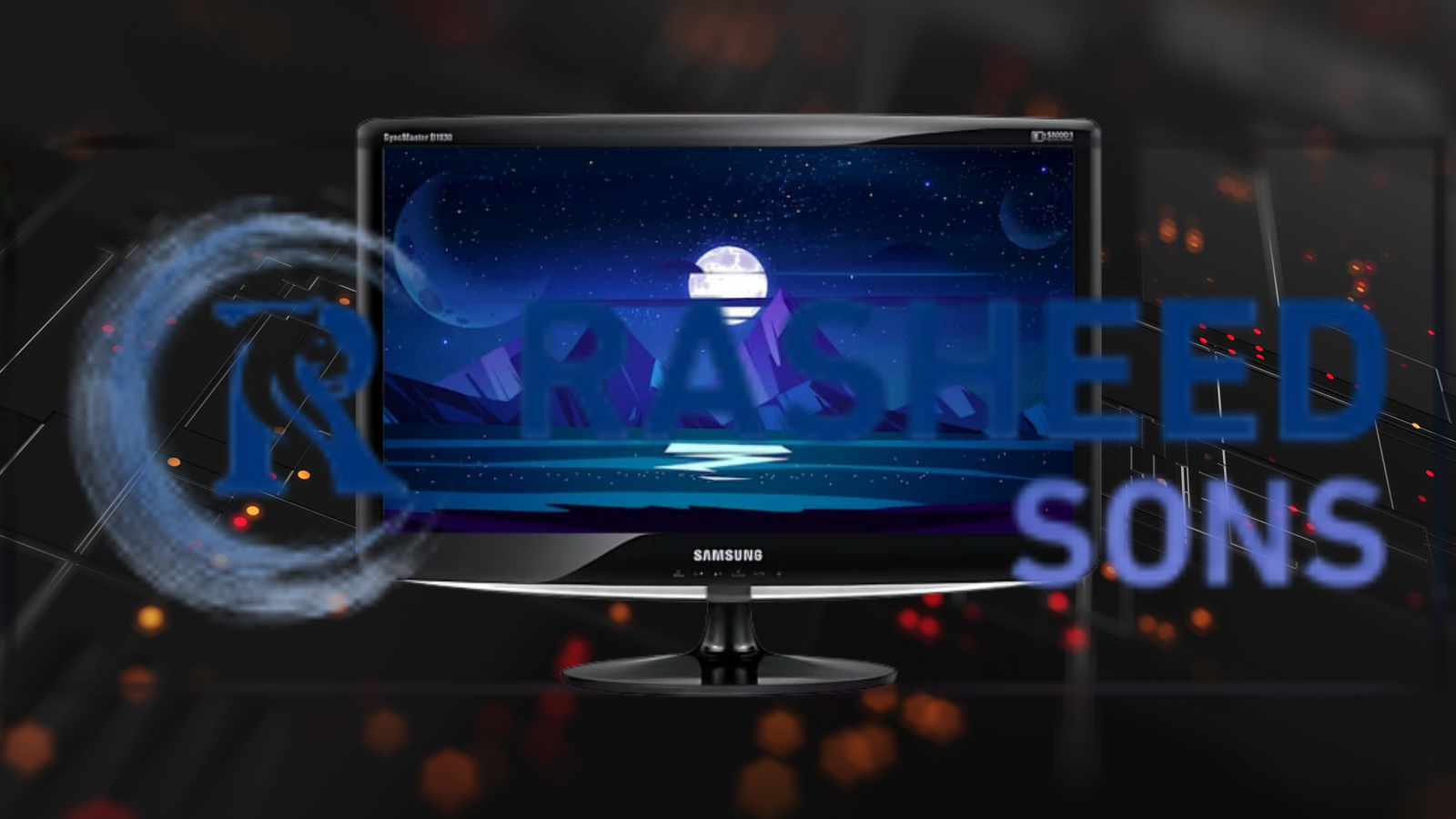 A refurbished Samsung SyncMaster monitor displaying a moonlit sci-fi landscape. This image is for a guide on Samsung monitors Cape Town.