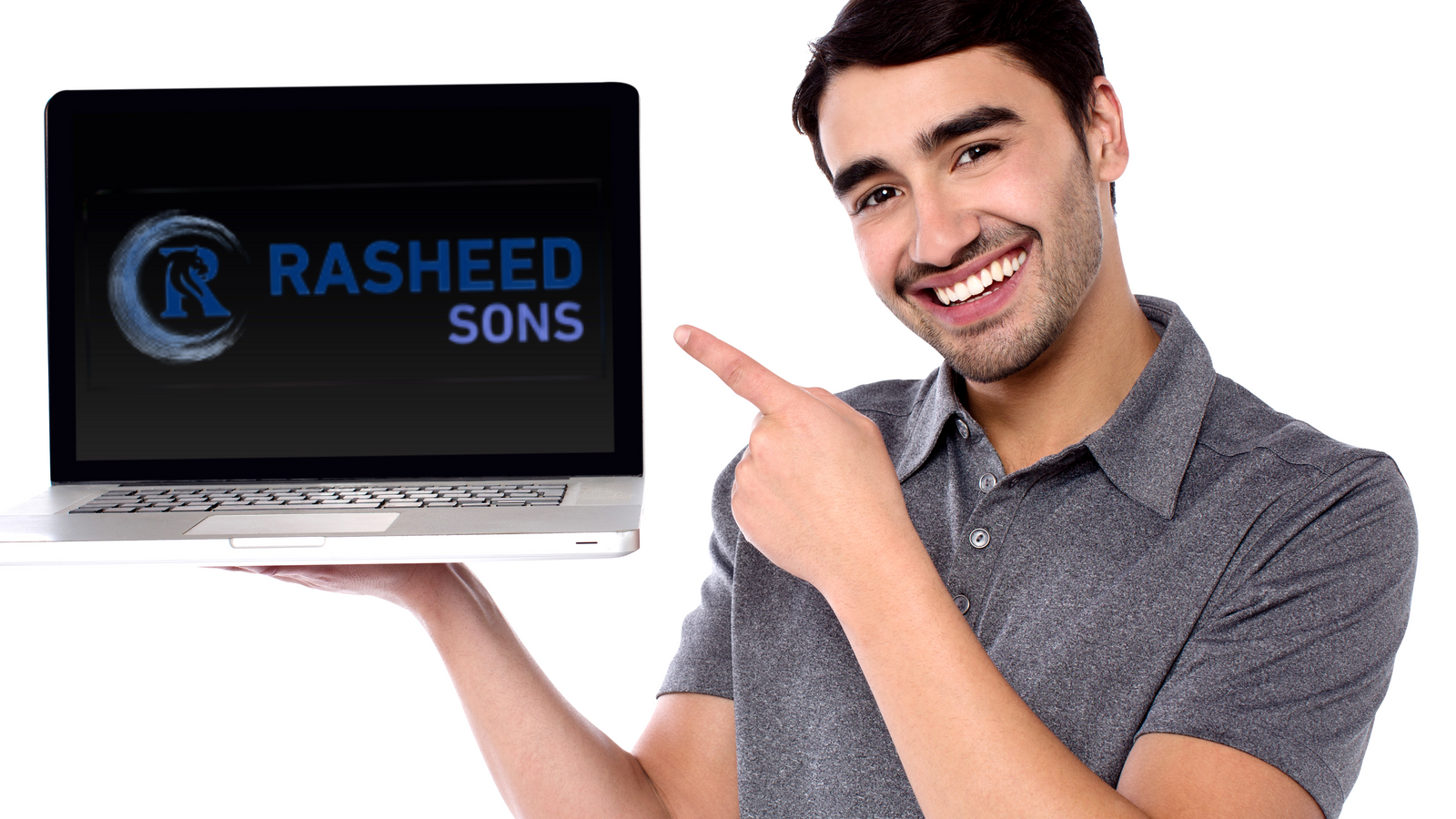 A smiling man holding and gesturing towards a cheap laptop South Africa, suggesting affordable deals.