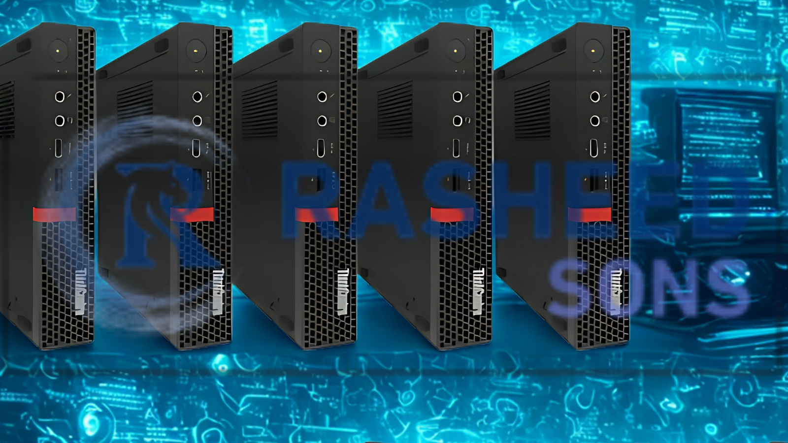 A lineup of lenovo desktop computer towers, highlighting options available for purchase in South Africa.