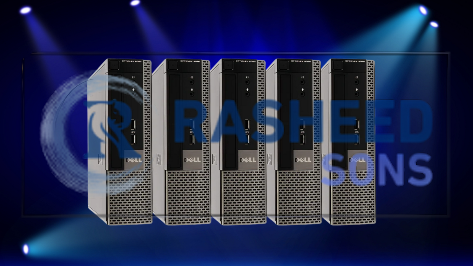 A row of Dell desktop computers under spotlights, representing various models of dell desktop computers south africa.