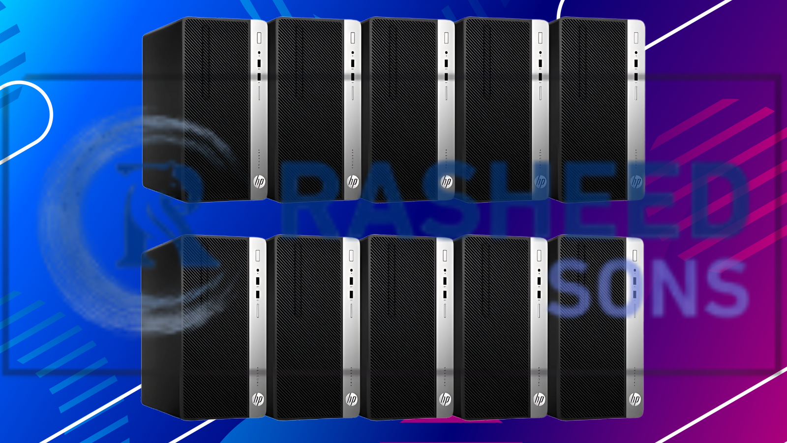 A neat stack of HP desktop towers, showcasing the various HP computers available for a buyer's guide.