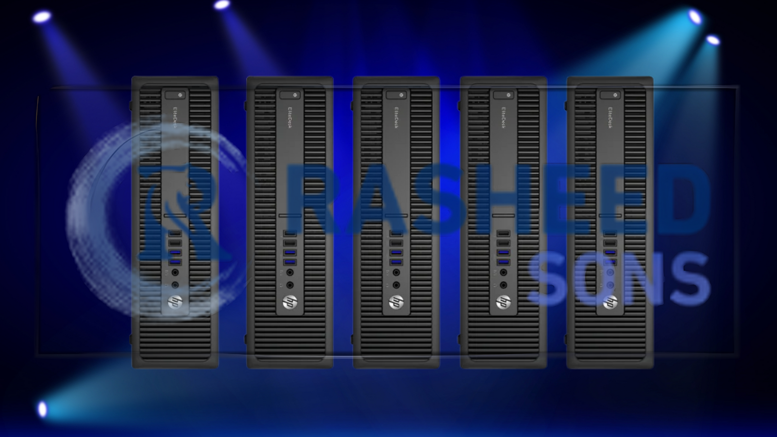 A line of HP desktop computers illuminated by spotlights, representing a selection of hp computers cape town.