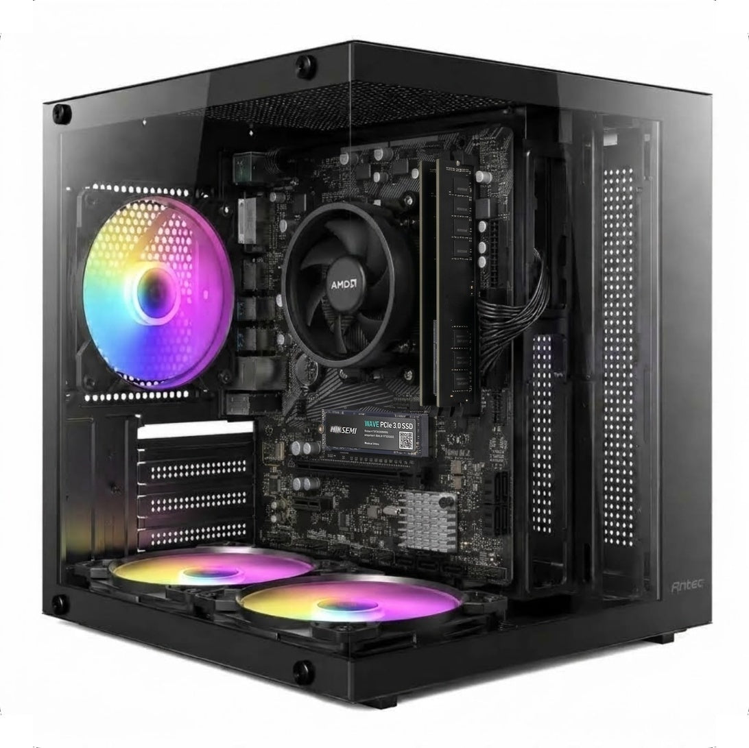 Illustration of this build: Ryzen 7 5700G with Wraith Stealth cooler, two GeIL Pristine DDR4 sticks and a HIKSEMI Wave NVMe drive in a black Antec VCX10M ARGB case, no graphics card (computer-generated, not a photo of the actual unit)