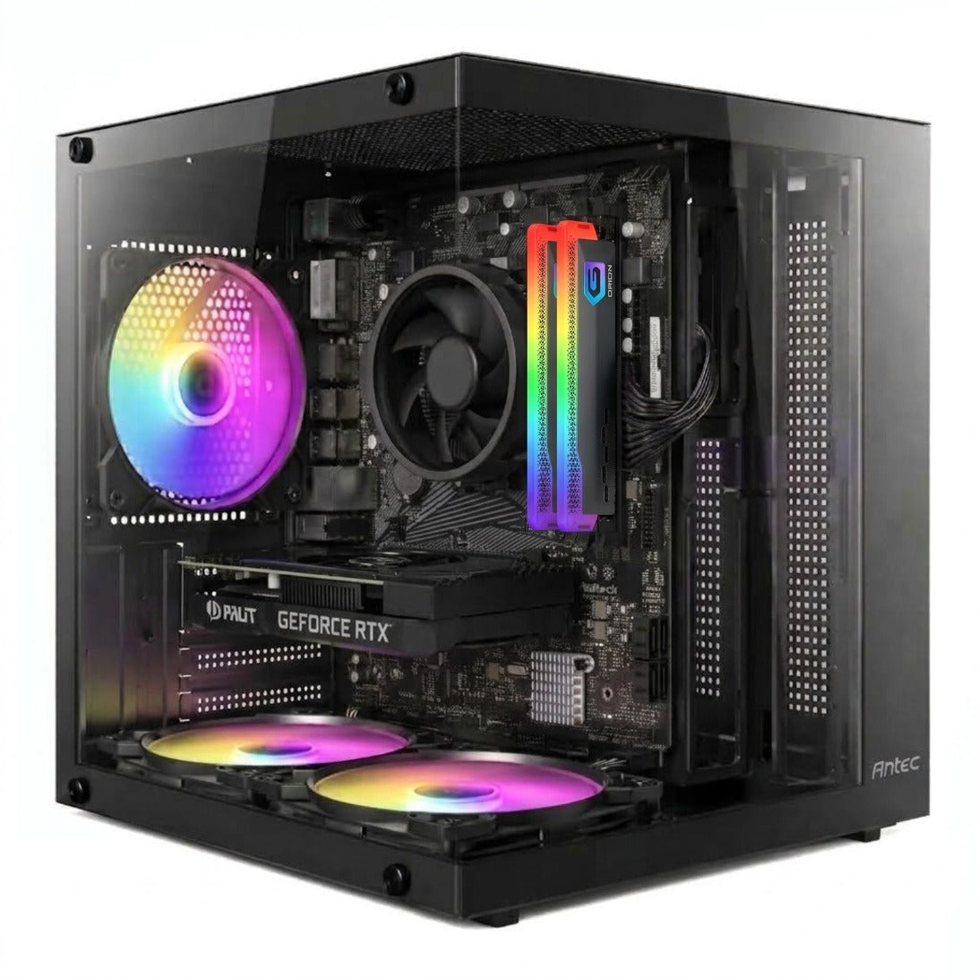 Illustration of this build: Palit RTX 3050 StormX, Ryzen 5 5500 with Wraith Stealth cooler and GeIL Orion RGB DDR4 in a black Antec VCX10M ARGB case (computer-generated, not a photo of the actual unit)