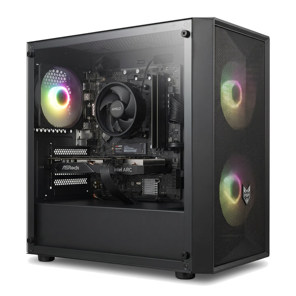 Illustration of this build: ASRock Arc A380 Challenger, Ryzen 5 5500 with Wraith Stealth cooler, GeIL DDR4 and a HIKSEMI Wave NVMe drive in a black FSP CST130A case (computer-generated, not a photo of the actual unit)