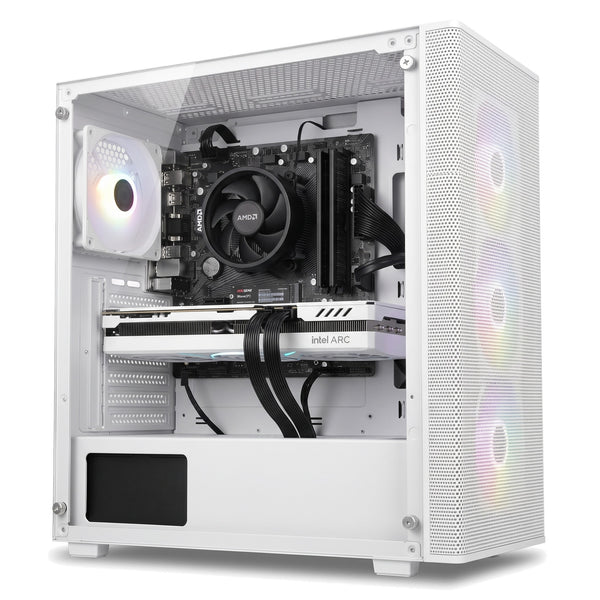 Illustration of this build: white MAXSUN Arc B580, Ryzen 5 5600 with Wraith Stealth cooler and GeIL DDR4 in a white FSP M220 case (computer-generated, not a photo of the actual unit)