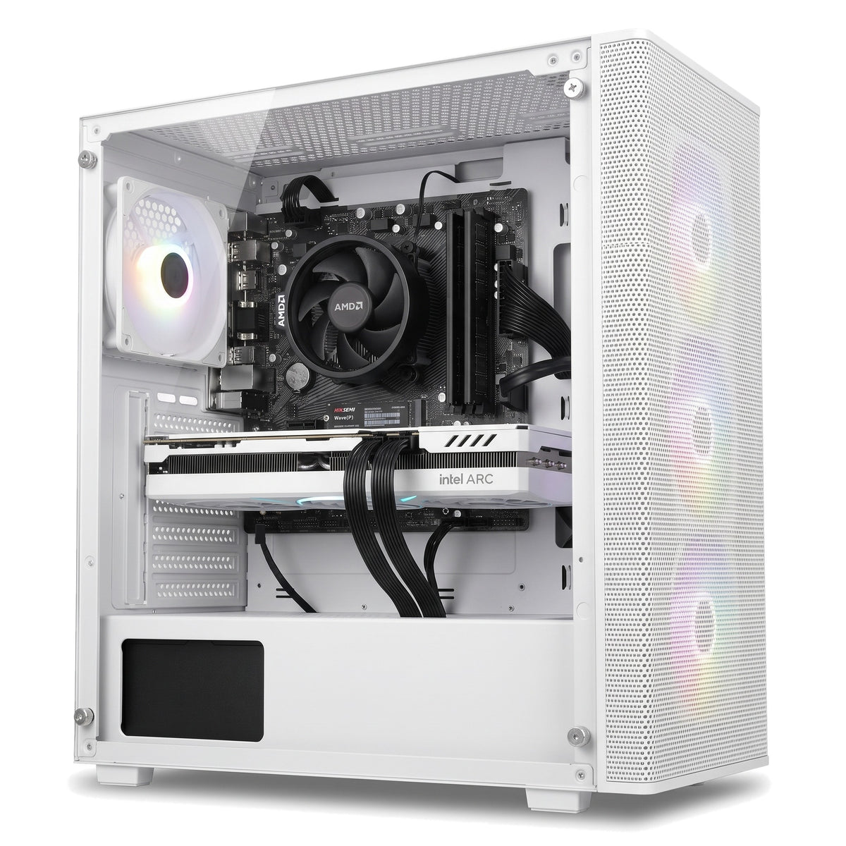 Illustration of this build: white MAXSUN Arc B580, Ryzen 5 5600 with Wraith Stealth cooler and GeIL DDR4 in a white FSP M220 case (computer-generated, not a photo of the actual unit)