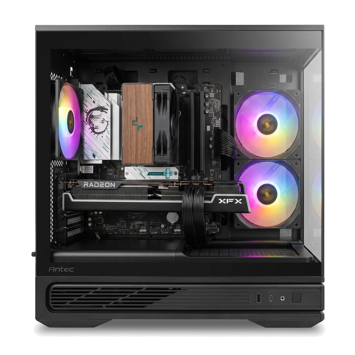Illustration of this build: XFX Swift RX 9060 XT, Ryzen 5 7500X3D with DeepCool AK400 G2 Dark cooler and two plain Hiksemi DDR5 modules on an MSI B650M GAMING WIFI board in a black Antec C2M ARGB case (computer-generated, not a photo of the actual unit)