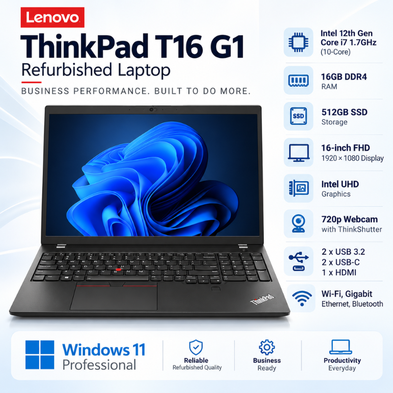 Lenovo ThinkPad T16 Gen 1 Core i7 Refurbished Laptop with Webcam