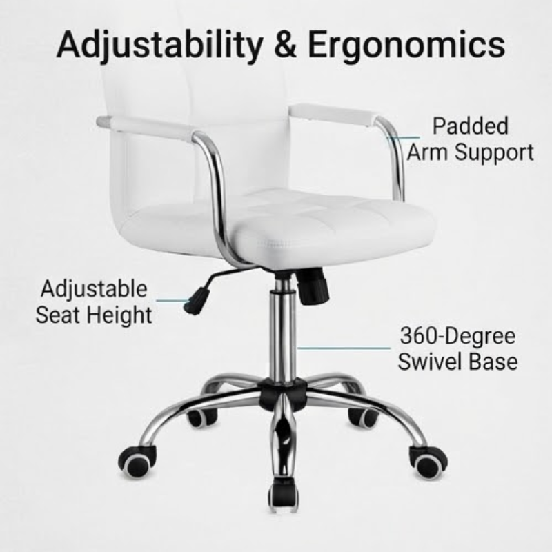 Adjustable White PU Leather Office Chair with Armrests