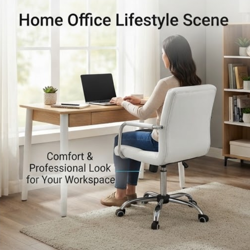 Adjustable White PU Leather Office Chair with Armrests