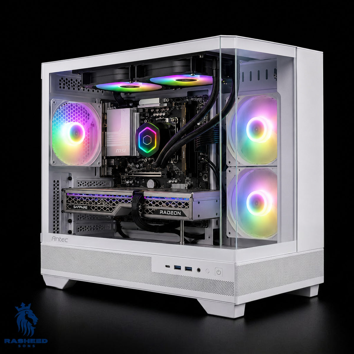 Illustration of this build: Sapphire NITRO+ RX 9060 XT, Intel Core Ultra 5 250KF Plus on an MSI PRO H810M-B and Cooler Master MasterLiquid 240 Core II in a white Antec CX500M case (computer-generated, not a photo of the actual unit)