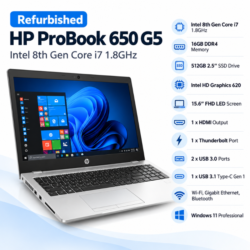 Refurbished HP ProBook 650 G5 Core i7 Laptop with Webcam