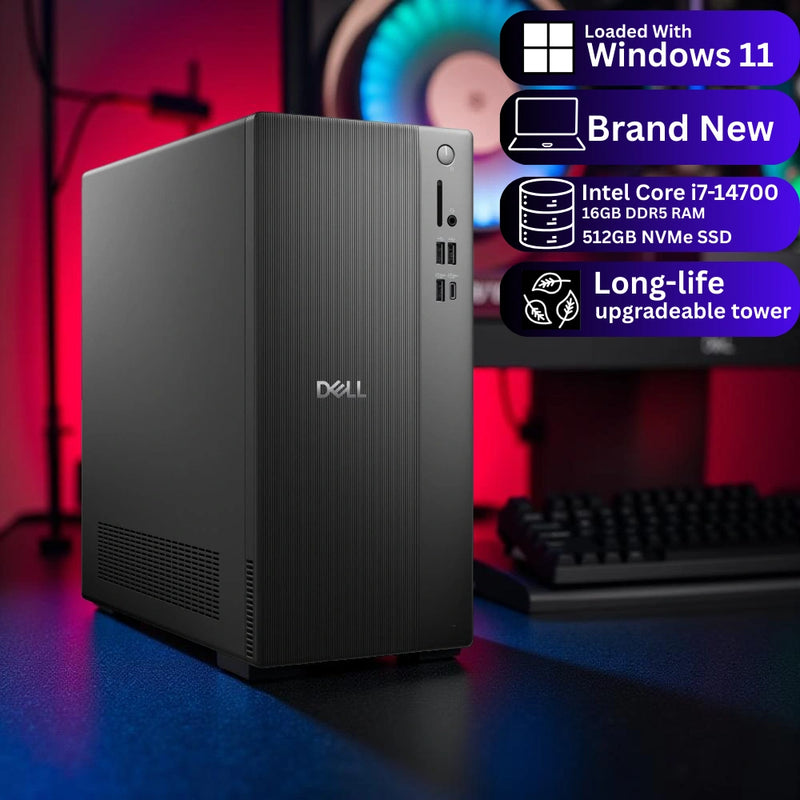 Dell Tower ECT1250 Desktop PC – Intel Core Ultra 7 265, 16GB DDR5, 1TB NVMe SSD, Intel UHD Graphics, Wi-Fi 6, Windows 11 Pro