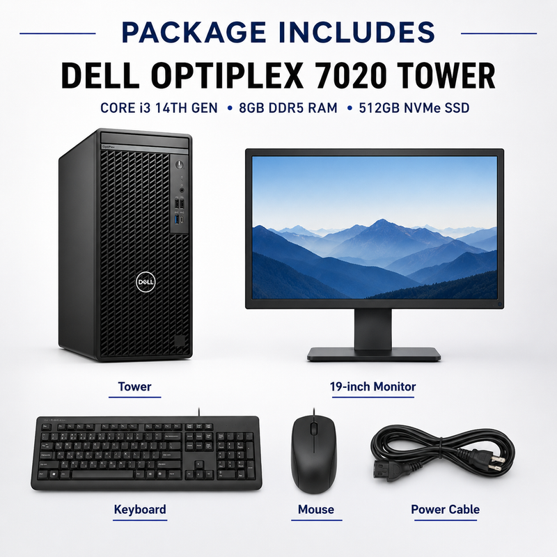 Refurbished Dell OptiPlex 7020 Tower – Intel Core i3-14100 14th Gen, 8GB DDR5 RAM, 512GB NVMe SSD with 19-Inch Monitor Bundle