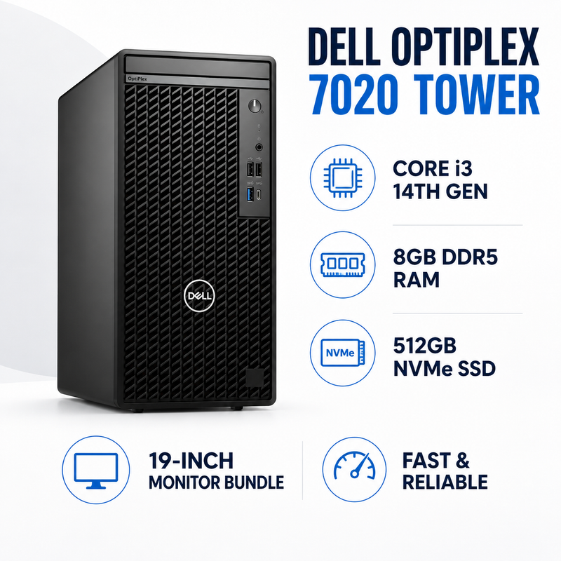 Refurbished Dell OptiPlex 7020 Tower – Intel Core i3-14100 14th Gen, 8GB DDR5 RAM, 512GB NVMe SSD with 19-Inch Monitor Bundle