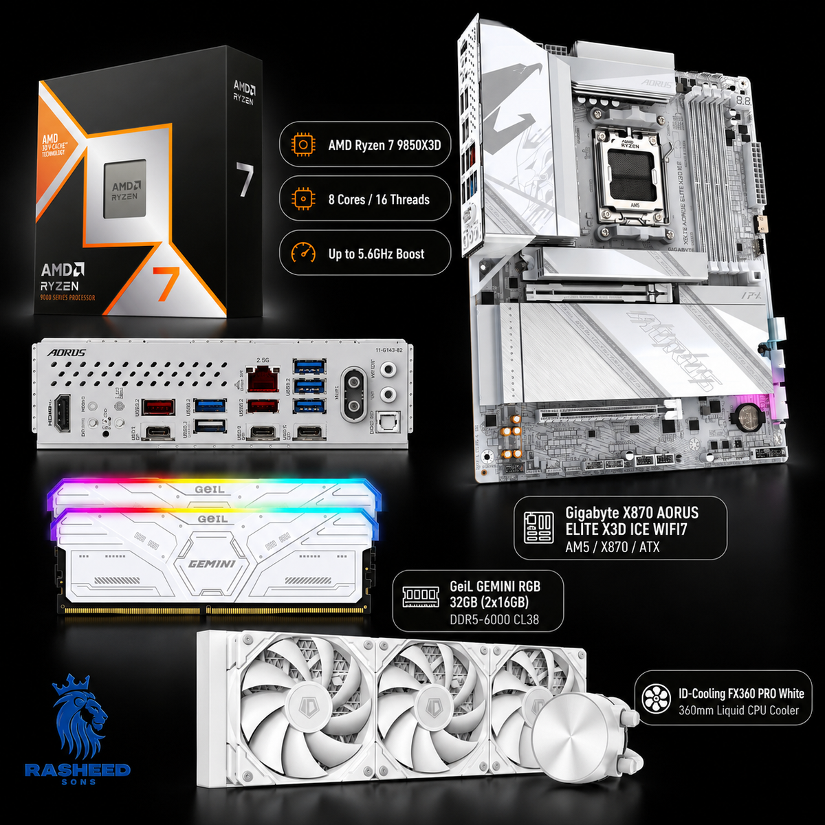 Next Gen Enthusiast Line Upgrade Kit (Gaming)AMD Ryzen 7 9850X3D,32GB (2x16GB) DDR5,X870 AORUS ELITE X3D ICE,ID-Cooling FX360 PRO White 360mm Liquid CPU Cooler
