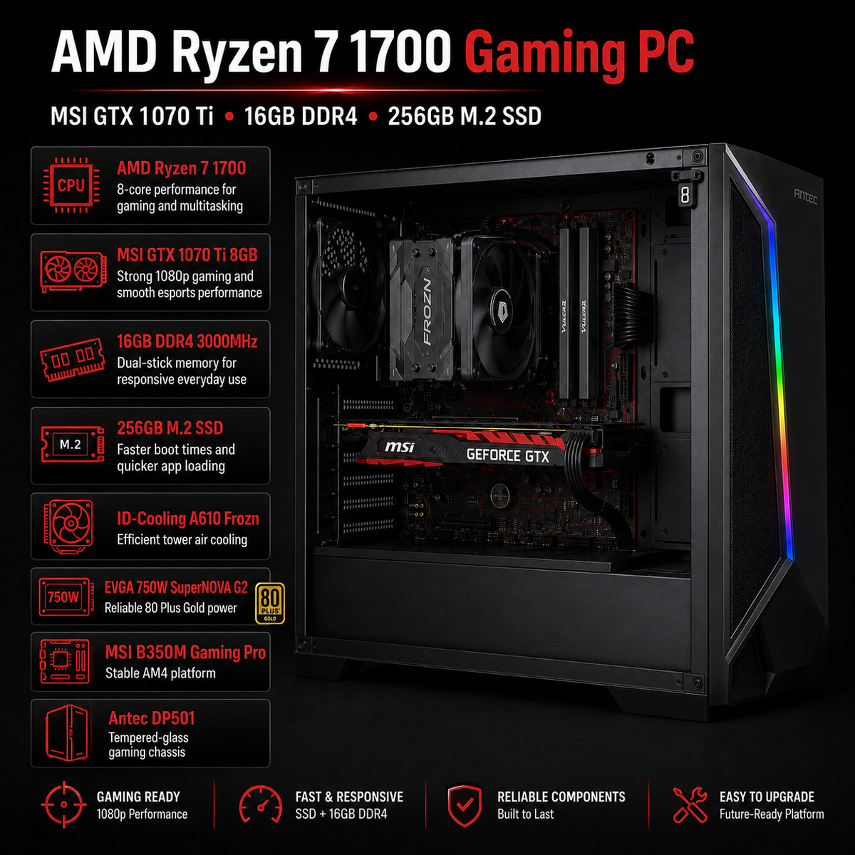 Refurbished Gaming pc - AMD Ryzen 7 1700 - MSi GTX 1070TI - 8gb ram