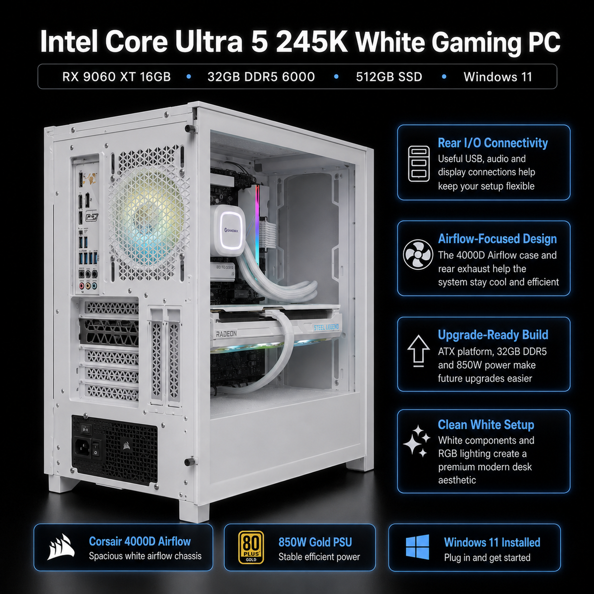 pre-built gaming pc all white - ultra core 5 - RX 9060 XT - 32 gb ddr5
