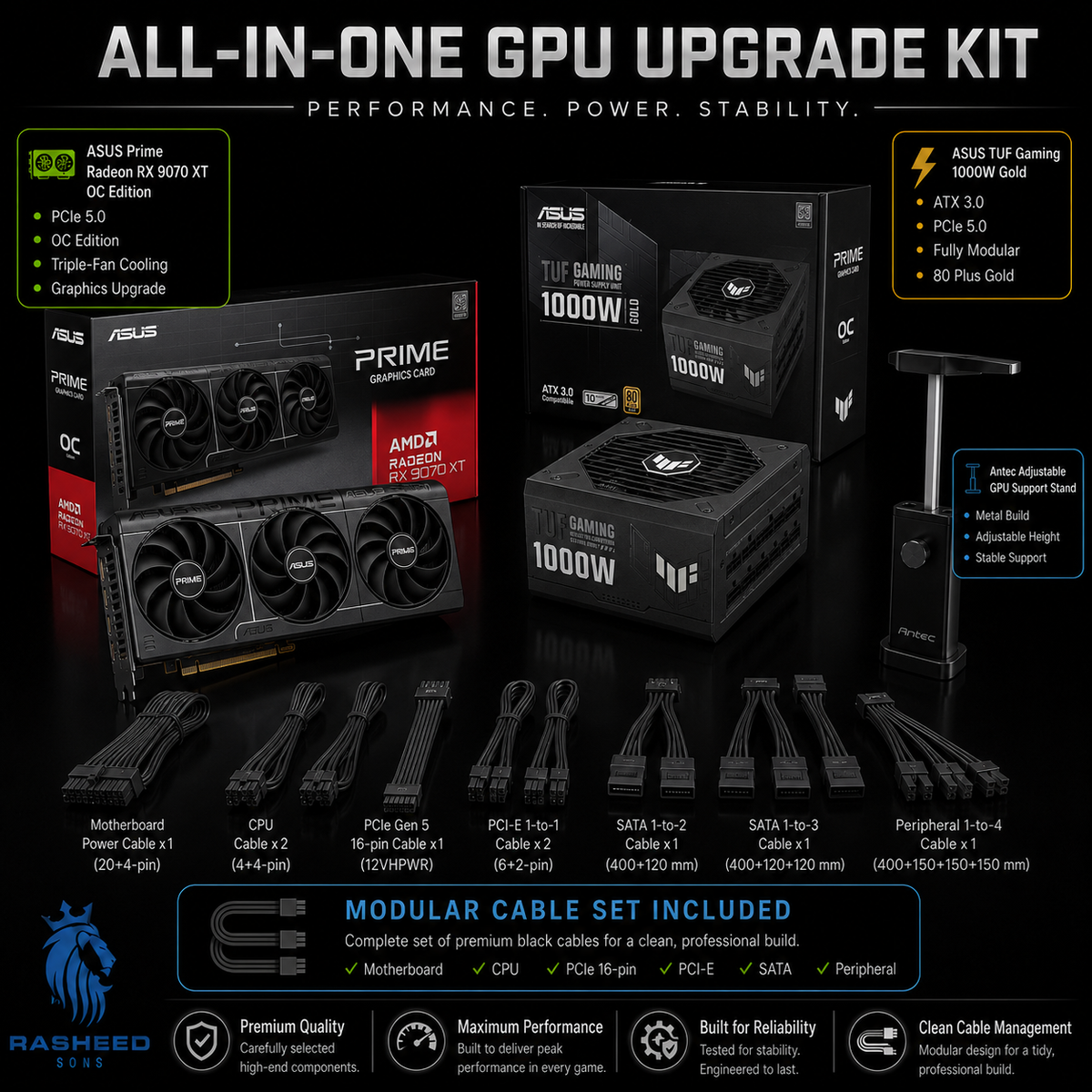 Enthusiast Line GPU Upgrade Kit (AMD) ASUS Prime RX 9070 XT OC,ASUS TUF Gaming 1000w 80 Plus Gold PSU,