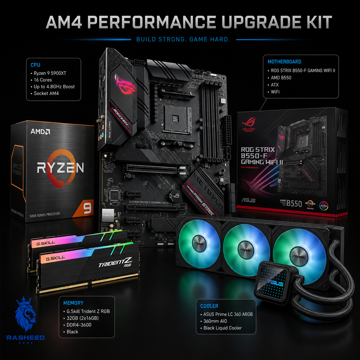 Last Gen DDR4 Upgrade Kit (AMD) AM4, Ryzen 9 5900XT,32GB G-Skill Trident Z RGB (2x16GB),ROG STRIX B550-F Gaming Motherboard, ASUS Prime LC 360mm AIO Liquid CPU Cooler