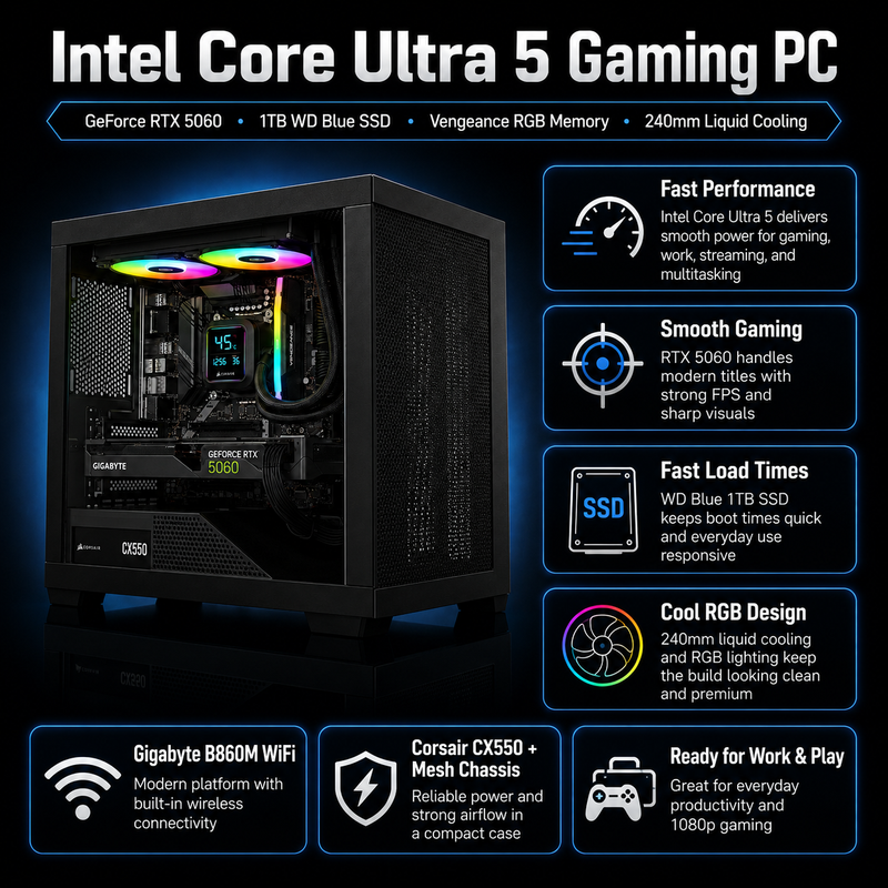 1080p Gaming PC Intel Core Ultra 5 RTX 5060 Gaming PC | 8GB DDR5 | 1TB SSD | 240mm ARGB Liquid Cooling | WIFI 6E