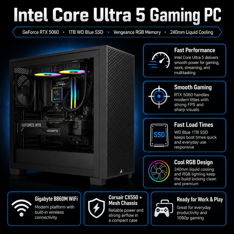 1080p Gaming PC Intel Core Ultra 5 RTX 5060 Gaming PC | 8GB DDR5 | 1TB SSD | 240mm ARGB Liquid Cooling | WIFI 6E