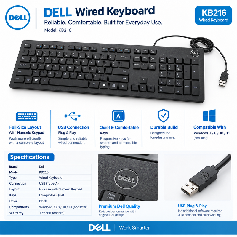 Dell KB216 Refurbished Wired USB Keyboard – Pack of 3