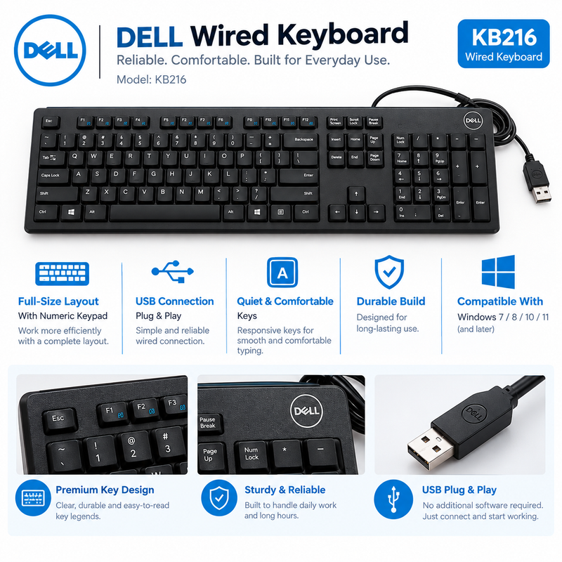 Dell KB216 Refurbished Wired USB Keyboard – Pack of 3
