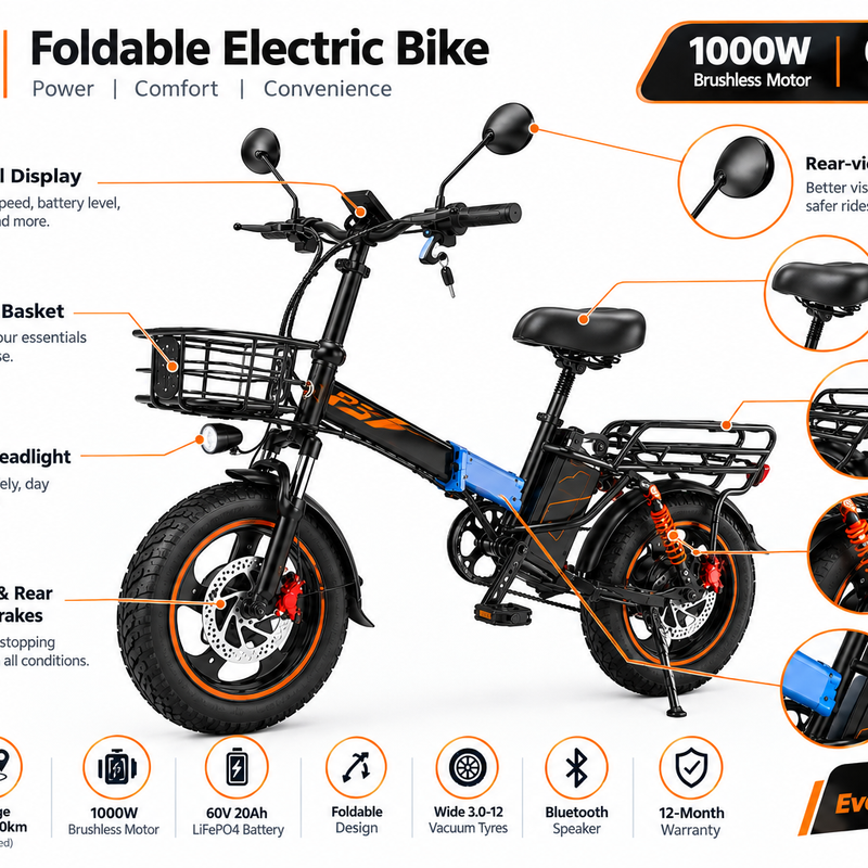 P3 Foldable Electric Bike 1000W 60V 20Ah – Black
