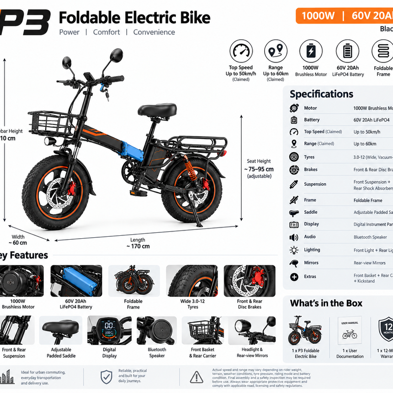 P3 Foldable Electric Bike 1000W 60V 20Ah – Black