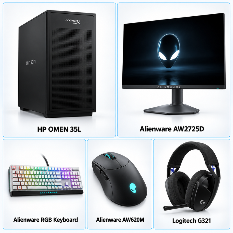 HP OMEN 35L Core Ultra 7 270K 32GB 1TB RTX 5080 Gaming Bundle with Alienware 27-inch QD-OLED Monitor and Accessories