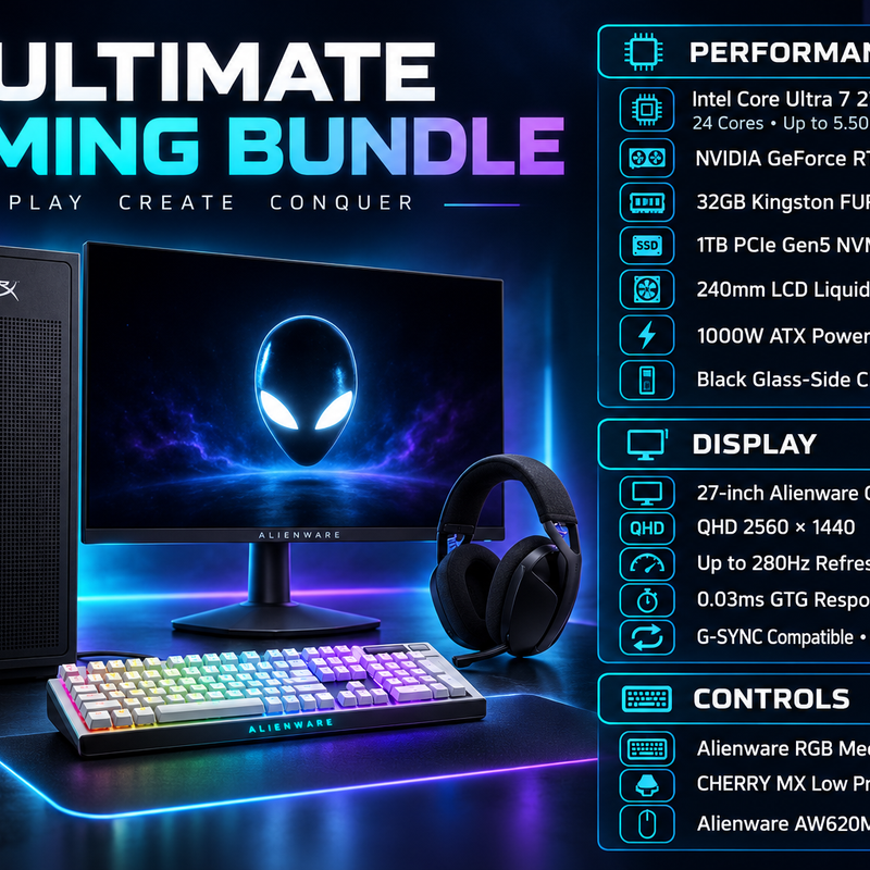 HP OMEN 35L Core Ultra 7 270K 32GB 1TB RTX 5080 Gaming Bundle with Alienware 27-inch QD-OLED Monitor and Accessories