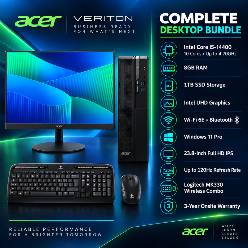 Acer Veriton VS2720G Core i5 8GB 1TB SSD Desktop Bundle with 24-inch 120Hz Monitor and Logitech MK330