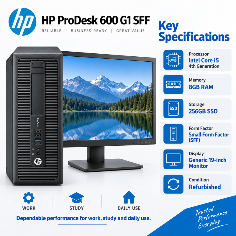 Refurbished HP ProDesk 600 G1 i5 Desktop Bundle + 19” Monitor
