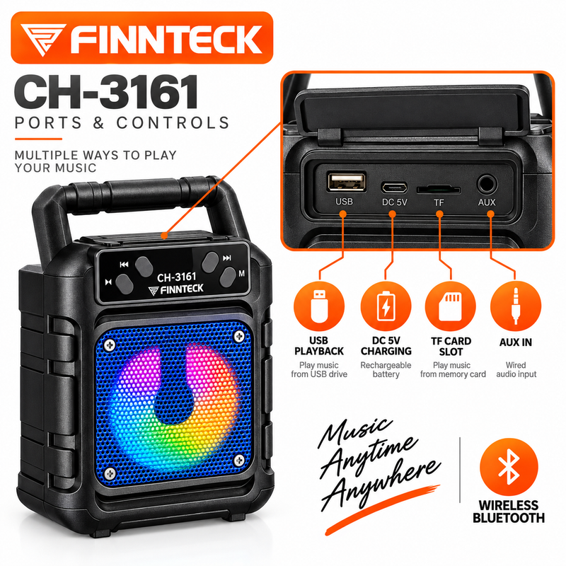 Finnteck CH-3161 10W Portable Bluetooth Speaker with LED Lights