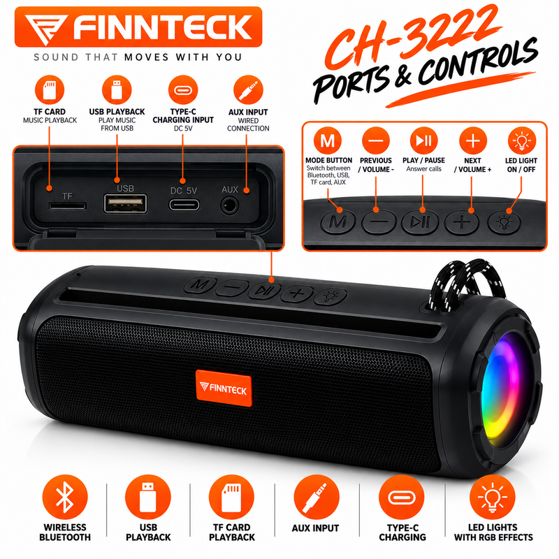 Finnteck CH-3222 8W Portable Bluetooth Speaker with LED Lights