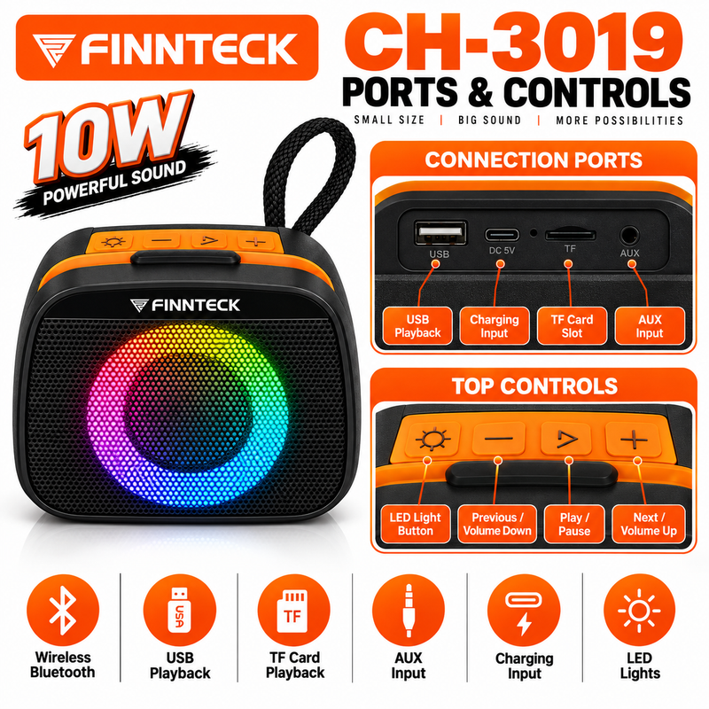 Finnteck CH-3019 10W Portable Bluetooth Speaker with LED Lights