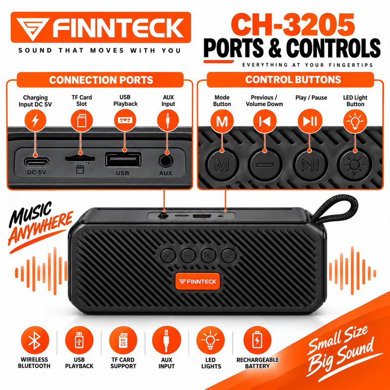Finnteck CH-3205 8W Portable Bluetooth Speaker with LED Lights