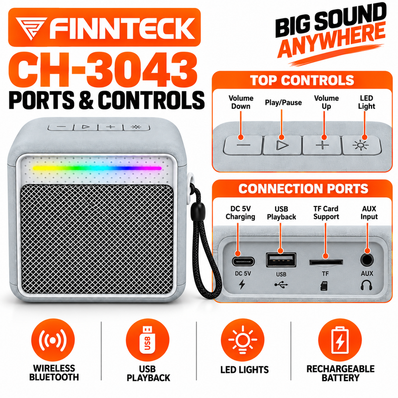 Finnteck CH-3043 8W Portable Bluetooth Speaker with LED Lights