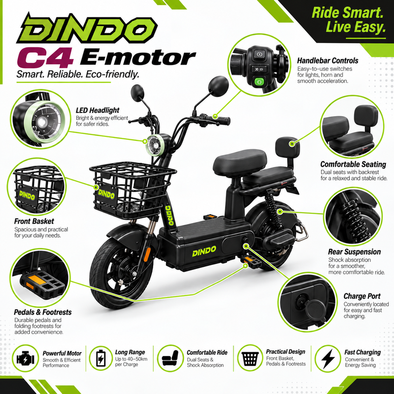 Dindo C4 Electric Motorbike with Dual Seat & Front Basket