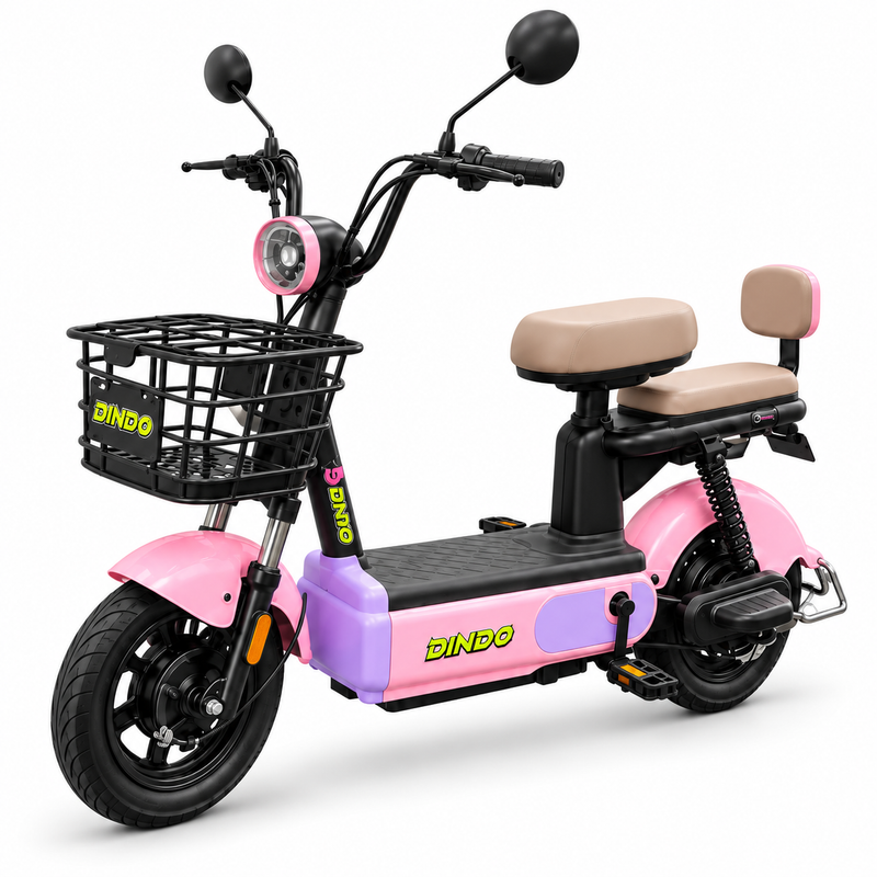 Dindo C4 Electric Motorbike with Dual Seat & Front Basket – Pink