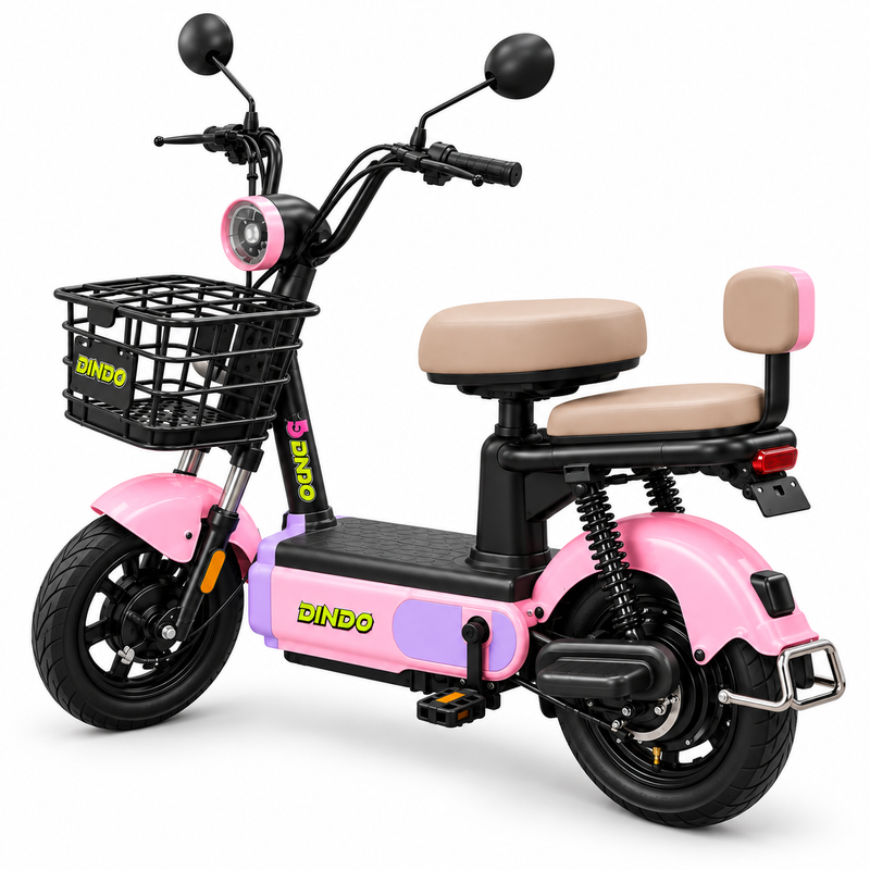 Dindo C4 Electric Motorbike with Dual Seat & Front Basket – Pink