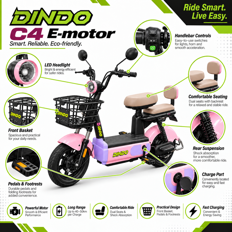 Dindo C4 Electric Motorbike with Dual Seat & Front Basket – Pink