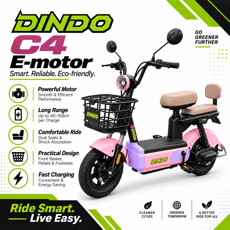 Dindo C4 Electric Motorbike with Dual Seat & Front Basket – Pink