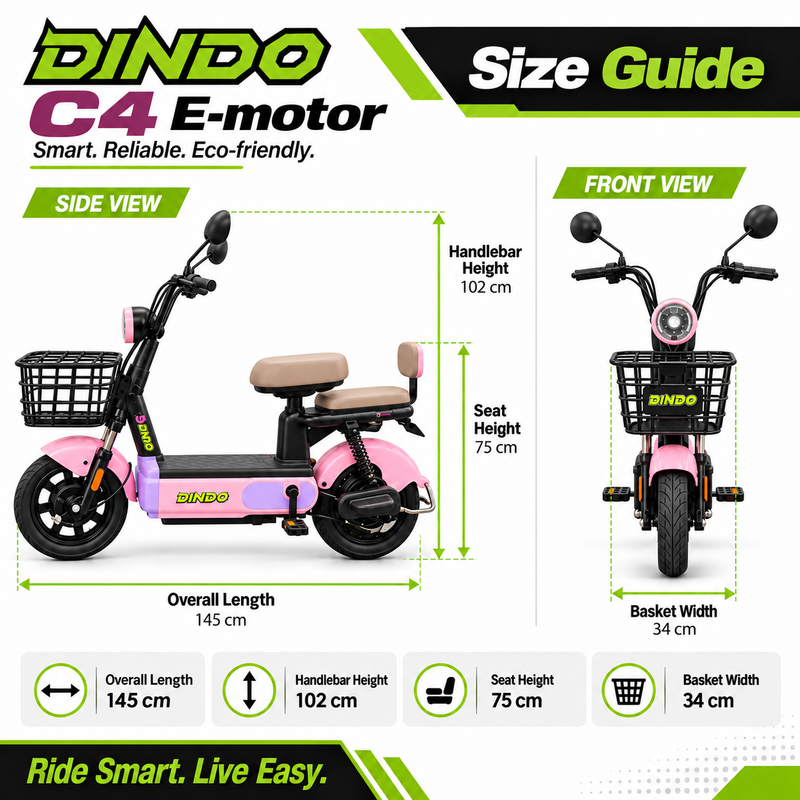 Dindo C4 Electric Motorbike with Dual Seat & Front Basket – Pink