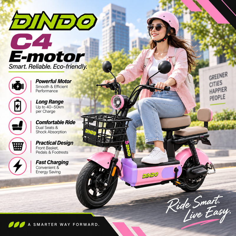 Dindo C4 Electric Motorbike with Dual Seat & Front Basket – Pink