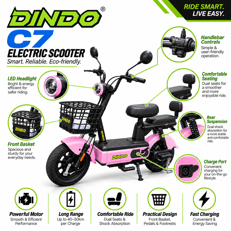 Dindo C7 Electric Scooter with Dual Seat & Front Basket – Pink