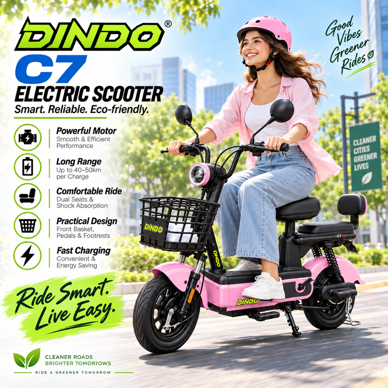 Dindo C7 Electric Scooter with Dual Seat & Front Basket – Pink